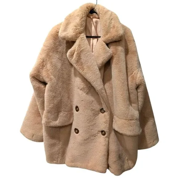 Free People Kate Oversized Faux-Fur Double-Breasted Coat Women's XL Apricot Tan - Picture 3 of 7